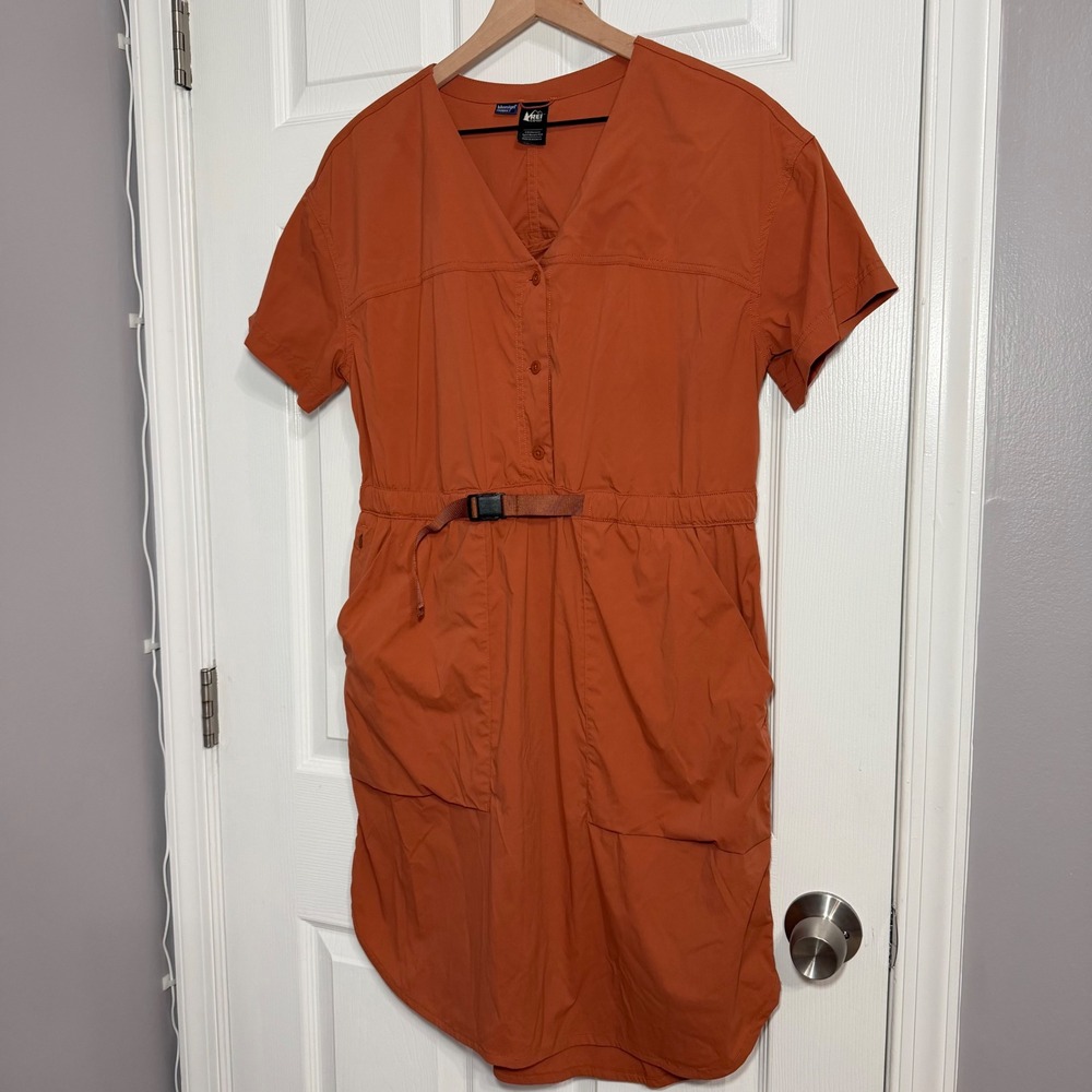 REI Co-op Trailmade Dress Womens Large Burnt Orange Rust Hiking Belted V-Neck